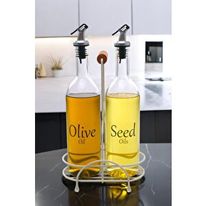 Luxe 2'li Krem Metal Standlı Ahşap Saplı Yağdanlık Seti Şeffaf Etiketli Cam Yağlık 750 Ml Cys-12