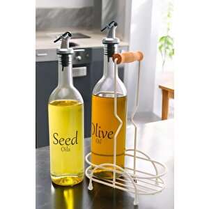 Luxe 2'li Krem Metal Standlı Ahşap Saplı Yağdanlık Seti Şeffaf Etiketli Cam Yağlık 750 Ml Cys-12
