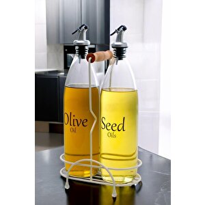 Aura 2'li Krem Metal Standlı Ahşap Saplı Yağdanlık Seti Şeffaf Etiketli Cam Yağlık 1000 Ml Cys-20