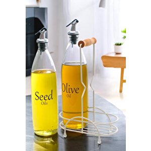 Aura 2'li Krem Metal Standlı Ahşap Saplı Yağdanlık Seti Şeffaf Etiketli Cam Yağlık 1000 Ml Cys-20