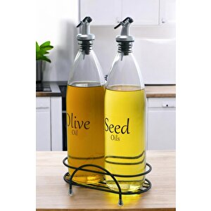 Aura 2'li Siyah Metal Standlı Yağdanlık Seti Şeffaf Etiketli Cam Yağlık 1000 Ml Cys-17