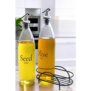 Aura 2'li Siyah Metal Standlı Yağdanlık Seti Şeffaf Etiketli Cam Yağlık 1000 Ml Cys-17