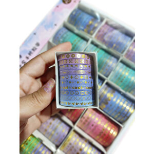 5mm Altın Folyo Baskılı İnce Yapışkanlı Dekoratif Maskeleme Kağıdı, Desenli Bant 10 Lu - Kalp