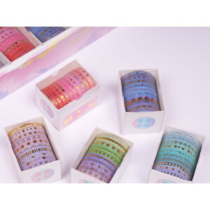 5mm Altın Folyo Baskılı İnce Yapışkanlı Dekoratif Maskeleme Kağıdı, Desenli Bant 10 Lu - Kalp