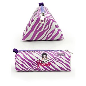 Kalem Kutusu Zebra Desenli Üçgen Kalemkutu Jumbo Vegan Deri Kalemlik - Beyazmor