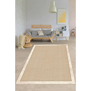 Makinede Yıkanabilir Leke Tutmaz  bej Pvc Deri Kaymaz Taban Shaggy Salon Halısı O1412 100x200 cm