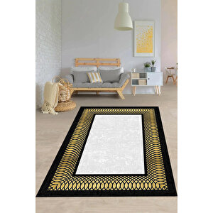 Makinede Yıkanabilir Leke Tutmaz  siyah-gold Pvc Deri Kaymaz Taban Çerçeve Salon Saçaksız Halı B1230 120x180 cm