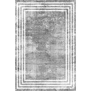 Makinede Yıkanabilir Leke Tutmaz  gri-beyaz Pvc Deri Kaymaz Taban Çerçeveli Salon Saçaksız Halı B1163 80x200 cm
