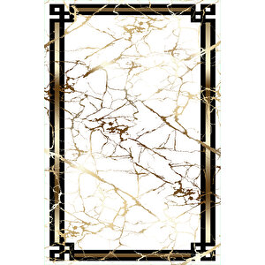 Makinede Yıkanabilir Leke Tutmaz  beyaz-gold Pvc Deri Kaymaz Taban Çerçeve Salon Saçaksız Halı O-1105-1 80x200 cm