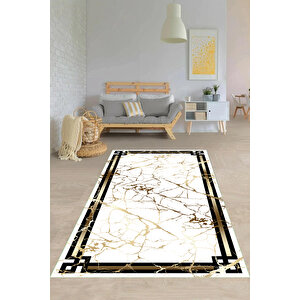 Makinede Yıkanabilir Leke Tutmaz  beyaz-gold Pvc Deri Kaymaz Taban Çerçeve Salon Saçaksız Halı O-1105-1 120x180 cm