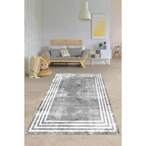 Makinede Yıkanabilir Leke Tutmaz  gri-beyaz Pvc Deri Kaymaz Taban Çerçeveli Salon Saçaksız Halı B1163 120x180 cm