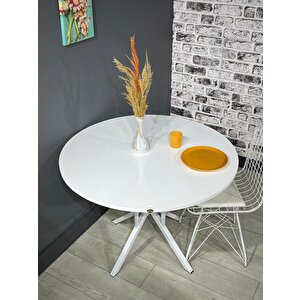 Sedef Beyaz Yuvarlak Mutfak Yemek Masası Balkon Masası Metal Beyaz Ayak 100 Cm