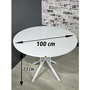Sedef Beyaz Yuvarlak Mutfak Yemek Masası Balkon Masası Metal Beyaz Ayak 100 Cm