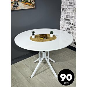 Selin Beyaz Yuvarlak Mutfak Masası Yemek Masası Balkon Masası Metal Beyaz Ayak 90 Cm