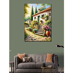 Kanvas Tablo Taş Ev Ve Çiçekli Bahçe 50x70 cm