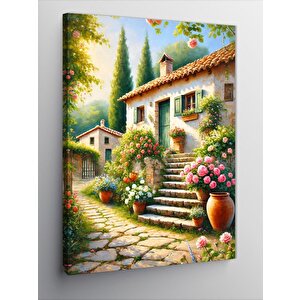 Kanvas Tablo Taş Ev Ve Çiçekli Bahçe 100x140 cm