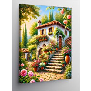 Kanvas Tablo Renkli Çiçeklerle Süslenmiş Ev 50x70 cm