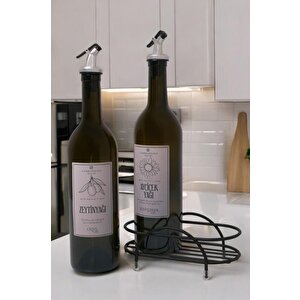 Petra 2'li Siyah Metal Standlı Yağdanlık Seti Gümüş Etiketli Amber Yağlık 750 Ml