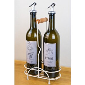 Petra 2'li Krem Metal Standlı Ahşap Saplı Yağdanlık Seti Gümüş Etiketli Amber Yağlık 750 Ml