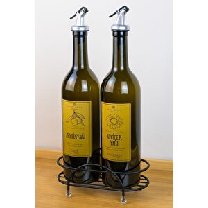 Petra 2'li Siyah Metal Standlı Yağdanlık Seti Gold Etiketli Amber Yağlık 750 Ml