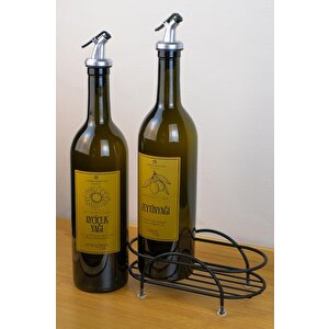 Petra 2'li Siyah Metal Standlı Yağdanlık Seti Gold Etiketli Amber Yağlık 750 Ml