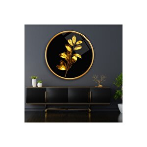 Gold Yapraklar Yuvarlak Cam Tablo | Hediyelik, Dekoratif, Ofis, Mutfak