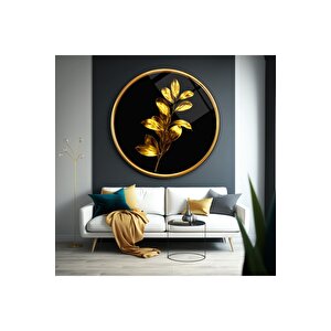 Gold Yapraklar Yuvarlak Cam Tablo | Hediyelik, Dekoratif, Ofis, Mutfak