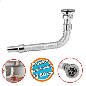 Standart Lavabo Evye Sifonu Uzun Plastik Körüklü Kıvrılabilir 33-80 Cm Uzayabilir Krom Renk