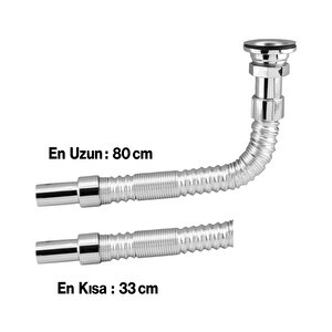 Standart Lavabo Evye Sifonu Uzun Plastik Körüklü Kıvrılabilir 33-80 Cm Uzayabilir Krom Renk