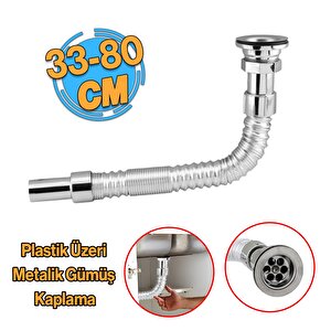 Standart Lavabo Evye Sifonu Uzun Plastik Körüklü Kıvrılabilir 33-80 Cm Uzayabilir Krom Renk