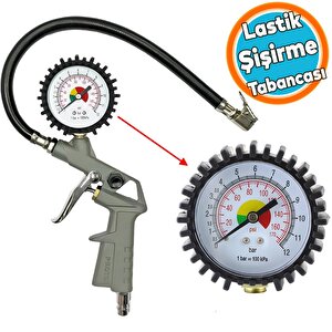 Basınç Göstergeli Lastik Şişirme Tabancası Saatli Jak Hortum Ve Sibop Uyumlu Şambrel Tekerlek Hava