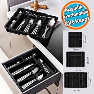 Kayar Kaşıklık Çekmece İçi Bıçak Kaşık Çatal Düzenleyici Çift Kanat Siyah Açılabilir Ayarlanabilir