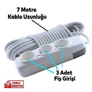 Topraklı Grup Priz 3'lü Anahtarsız 7 Metre Seyyar Ara Kablolu Uzatma Kablolusu Üçlü Piriz