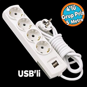 Topraklı Grup Priz Kablolu Usb'li 4'lü Fiş Çoğaltıcı 5 Metre Çoklu Asmalı Uzatma Kablosu Düğmesiz