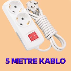 Anahtarlı Düğmeli Çoklu 5 Metre Topraklı Kablolu 2'li Grup Priz Fiş Çoğaltıcı Asmalı Uzatma