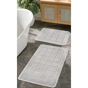Doğal Kaymaz Taban Banyo Paspas Seti Uzun Ömürlü Yumuşak Dokulu Su Emici Yıkanabilir Kareli Set 50x80-50x40 Gri