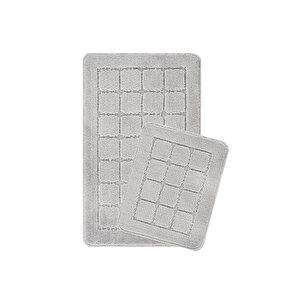 Doğal Kaymaz Taban Banyo Paspas Seti Uzun Ömürlü Yumuşak Dokulu Su Emici Yıkanabilir Kareli Set 50x80-50x40 Gri