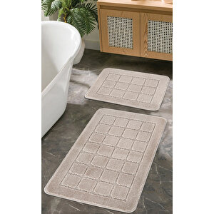 Doğal Kaymaz Taban Banyo Paspas Seti Uzun Ömürlü Yumuşak Dokulu Su Emici Yıkanabilir Kareli Set 50x80-50x40 Vizon