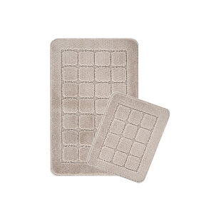 Doğal Kaymaz Taban Banyo Paspas Seti Uzun Ömürlü Yumuşak Dokulu Su Emici Yıkanabilir Kareli Set 50x80-50x40 Vizon