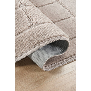 Doğal Kaymaz Taban Banyo Paspas Seti Uzun Ömürlü Yumuşak Dokulu Su Emici Yıkanabilir Kareli Set 50x80-50x40 Vizon
