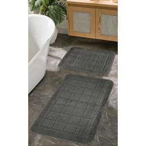 Doğal Kaymaz Taban Banyo Paspas Seti Uzun Ömürlü Yumuşak Dokulu Su Emici Yıkanabilir Kareli Set 50x80-50x40 Antrasit