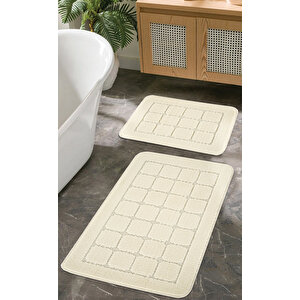 Doğal Kaymaz Taban Banyo Paspas Seti Uzun Ömürlü Yumuşak Dokulu Su Emici Yıkanabilir Kareli Set 50x80-50x40 Krem