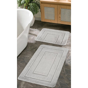 Doğal Kaymaz Taban Banyo Paspas Seti Uzun Ömürlü Yumuşak Dokulu Su Emici Yıkanabilir Çerçeve Set 50x80-50x40 Gri