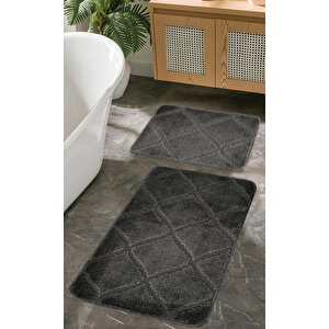 Doğal Kaymaz Taban Banyo Paspas Seti Uzun Ömürlü Yumuşak Dokulu Su Emici Yıkanabilir Çizgili Set 50x80-50x40 Antrasit