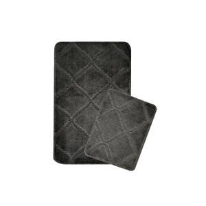 Doğal Kaymaz Taban Banyo Paspas Seti Uzun Ömürlü Yumuşak Dokulu Su Emici Yıkanabilir Çizgili Set 50x80-50x40 Antrasit