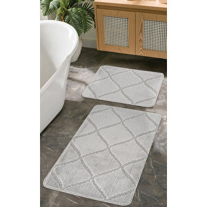 Doğal Kaymaz Taban Banyo Paspas Seti Uzun Ömürlü Yumuşak Dokulu Su Emici Yıkanabilir Çizgili Set 50x80-50x40 Gri