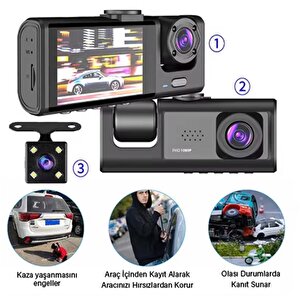 Hakopro Black Box 1080p Ön-arka 3 Kameralı 2.0”hd Ekran Ve G Sensörlü Akıllı Araç Kamerası