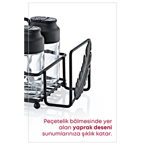 Metal Standlı Peçetelikli Islak Mendil Bölmeli 4'lü Çift Kapaklı Cam Baharatlık Seti- Restoran Kafe