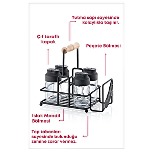 Metal Standlı Peçetelikli Islak Mendil Bölmeli 4'lü Çift Kapaklı Cam Baharatlık Seti- Restoran Kafe