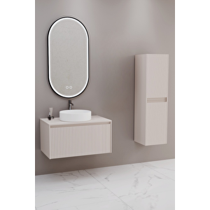 Almonde 80 Cm Beyaz Lavabolu Banyo Dolabı Krem - Boy Dolap Dahil